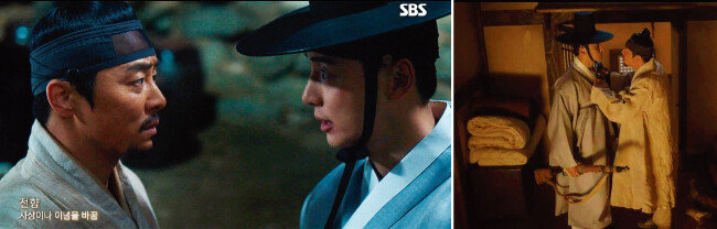 SBS 드라마 ‘녹두꽃’에서 백이현(윤시윤 분)이 백이강(조정석 분)에게 전향을 요구해 형제가 갈등하는 장면. [SBS 방송 화면 캡처]