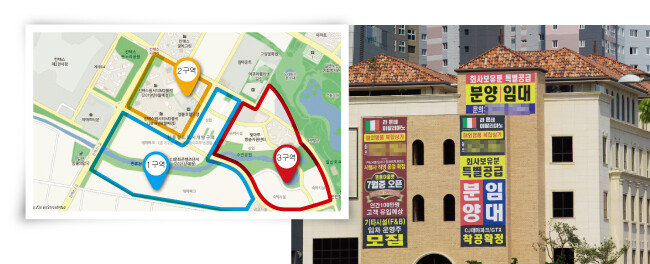 한류월드 부지는 1구역 테마파크와 상업시설, 2구역 호텔과 복합 상업시설, 3구역 방송지원센터, 호텔로 나뉜다(왼쪽).
일부 상업시설은 임대를 구하는 현수막이 건물 외벽에 붙어 있다. [네이버지도, 박해윤 기자]
