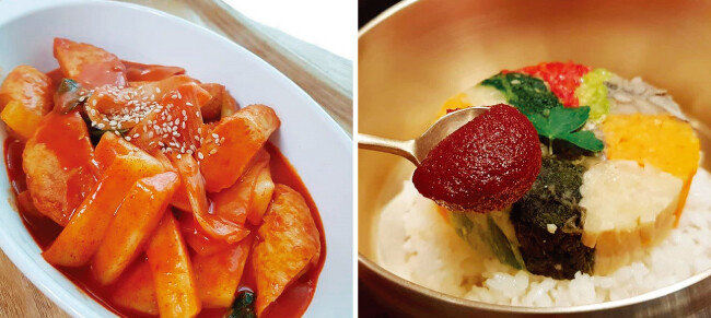 토마토 고추장으로 만든 떡볶이(왼쪽)와 비빔밥. [사진 제공·김민경]