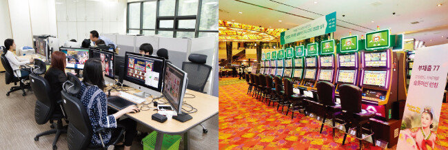  ‘KL Saberi’ 초기 개발 모습(왼쪽). 강원랜드의 자체 개발 슬롯머신 ‘부채춤 77’. [사진 제공 · 강원랜드]