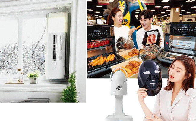 최근 홈족들에게 각광받고 있는 상품들. 중소기업 파세코의 실외기 설치가 필요 없는 창문형 에어컨, 이마트가 1인 가구를 겨냥해 저렴한 가격으로 출시한 ‘일렉트로맨 혼족 가전’ 시리즈, 인터넷 쇼핑몰 옥션에서 판매량이 증가하고 있는 팥빙수 제조기와 LED마스크(왼쪽부터 시계 방향으로). [사진 제공 · 파세코, 김재명 동아일보 기자, 사진 제공 · 옥션]