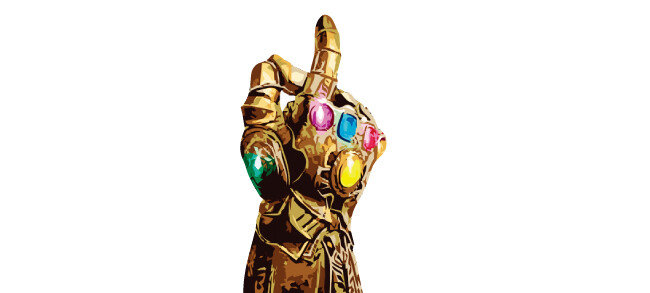 6개의 돌, 즉 인피니티 스톤을 장착한 ‘인피니티 건틀릿(Infinity Gauntlet)이라고 부르는 타노스의 장갑. 리얼리티 스톤은 ‘현실 조작’이라는 강력한 힘을 가진 스톤이다. 이 리얼리티 
스톤이 루비를 연상케 하는 빨간색이다. [픽사베이 이미지 사이트]