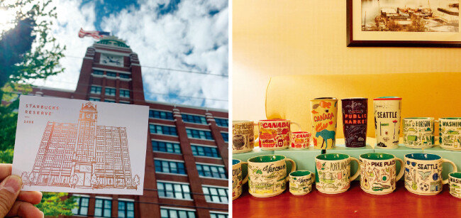 스타벅스 마니아 문서호 씨는 이번 여름휴가 때 ‘스타벅스 투어’를 다녀왔다. 미국 시애틀 스타벅스 본사를 방문해 찍은 인증샷(왼쪽)과 미국에서 사온 스타벅스 머천다이즈 상품들. [사진 제공·문서호]
