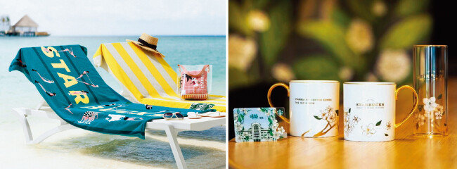 스타벅스커피코리아가 
5월 선보인 올여름 시즌 비치타월 사은품(왼쪽)과 국내 1호점인 이대점의 20주년을 기념해 이화여대를 상징하는 배꽃을 모티프로 한 MD제품들. [사진 제공 · 스타벅스커피코리아,인스타그램@starbuckskorea]