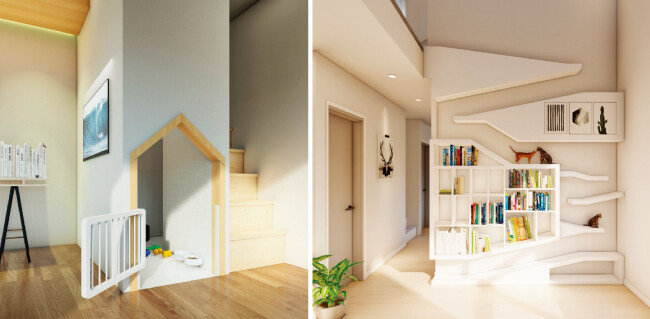 반려동물이 휴식을 취할 수 있는 공간(왼쪽). 캣타워와 책장을 결합한 벽면 인테리어. 