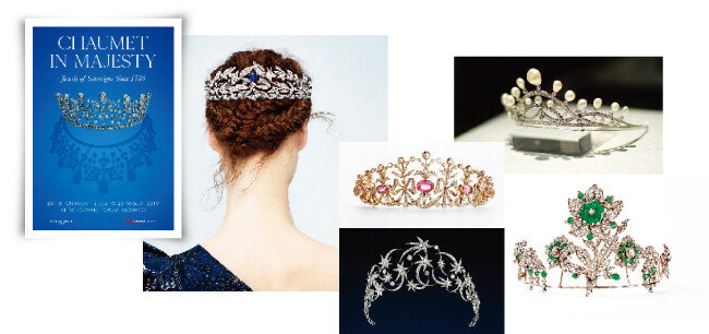 쇼메가 7월 12일부터 모나코 그리말디 포럼에서 개최한 ‘Chaumet in Majesty : 1780년부터 이어져온 황실 주얼리’라는 주제의 전시 포스터(왼쪽)와 
쇼메의 왕관들. [쇼메]