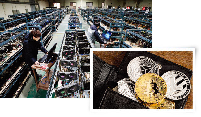 비트코인, 이더리움, 
리플 등의 암호화폐(오른쪽)와 여러 개의 그래픽카드를 연결한 채굴기(일종의 컴퓨터)가 끊임없이 복잡한 연산을 풀어 암호화폐를 채굴하는 현장. [shutterstock]