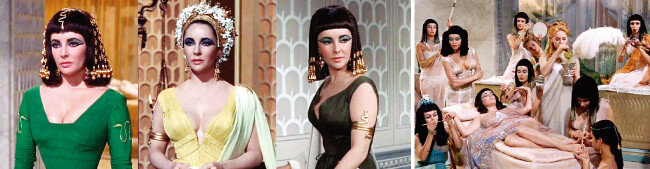 고대 이집트를 현실에 옮겨놓은 것 같은 클레오파트라의 화려한 의상과 메이크업, 그리고 그의 몸을 치장한 장신구들. 영화 ‘클레오파트라’는 1964년 36회 아카데미 시상식에서 ‘의상상’ ‘미술상’ ‘시각효과상’ ‘촬영상’ 수상으로 4관왕에 올랐다(왼쪽). 클레오파트라의 몸치장을 돕는 시녀들의 장신구에서도 녹색 계열 보석을 확인할 수 있다. [영화 ‘클레오파트라’ 화면 캡처]