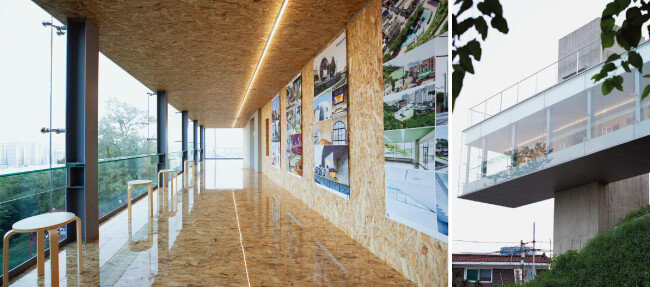 30m 길이의 전망대 북쪽 벽면으로는 작품 전시가 가능해 갤러리로 활용할 수도 있다(왼쪽). 여름철이라 짙은 녹음을 함께 만끽할 수 있다.