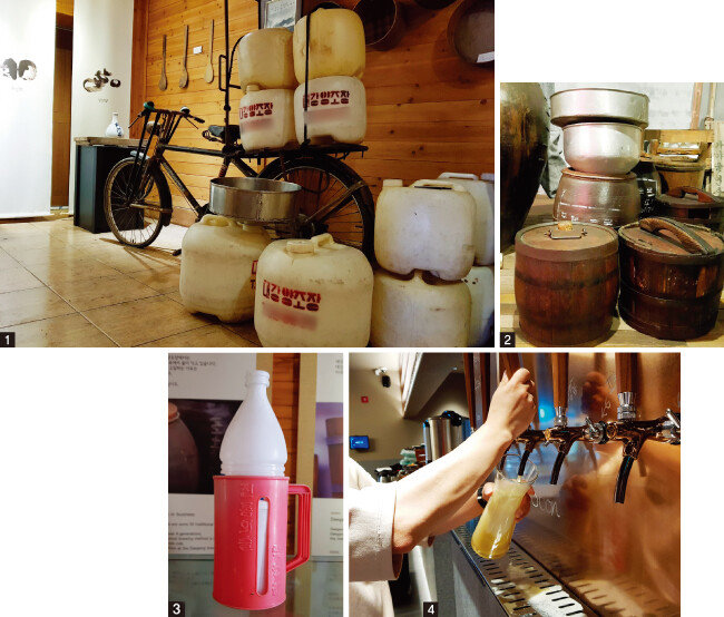1 플라스틱 말통. 2 막걸리 양조장의 목통. 3 막걸리 홀더. 4 막걸리 서버. [사진 제공 · 대강양조장, 사진 제공 · 완주 대한민국 술테마박물관, 사진 제공 · 월향]