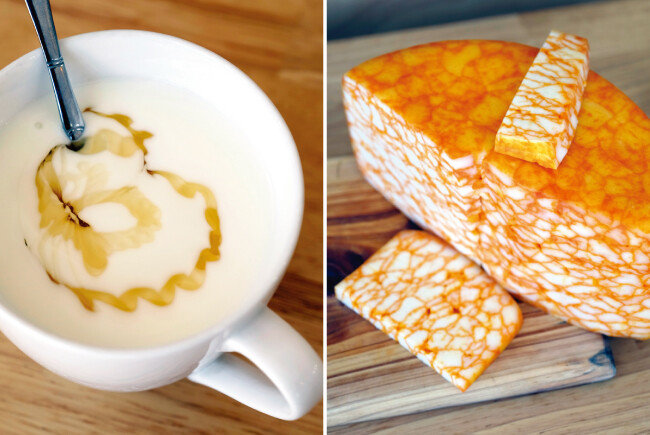 산뜻한 맛이 좋은 염소젖 요구르트(왼쪽). 노란색과 흰색이 뒤섞인 독특한 체더치즈. [사진 제공·김민경]