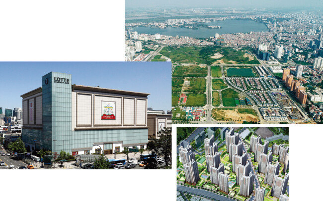 롯데쇼핑은 롯데백화점 강남점을, 대우건설은 베트남 하노이 스타레이크 시티에 있는 부동산 자산을, 이지스자산운용은 인천 부평구 십정2구역 아파트를 공모리츠 형태로 선보일 계획이다(왼쪽부터 시계 방향으로). [박해윤 기자, 뉴스1, 사진 제공 ·인천도시공사]