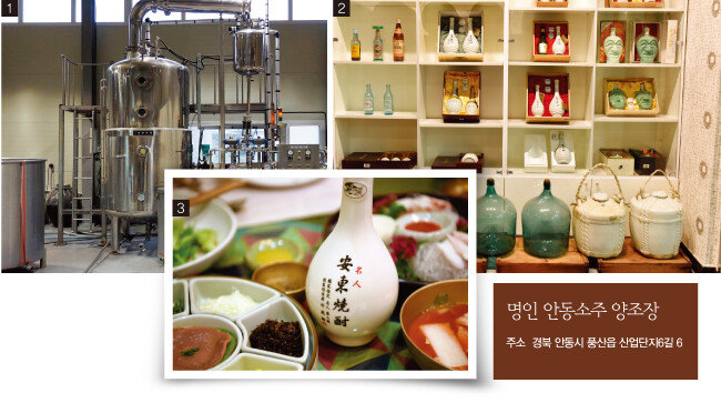 1 명인 안동소주가 사용하는 감압식 증류기. 2 명인 안동소주 양조장에 전시된 다양한 명인 안동소주 제품. 3 안동 전통음식과 함께 놓인 명인 안동소주. [사진 제공·명인 안동소주]