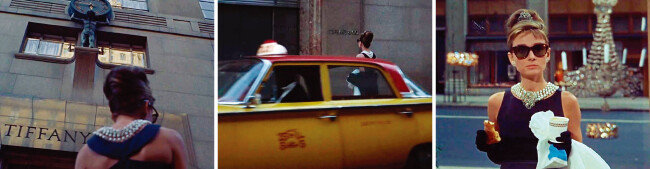 검은색 이브닝 드레스를 입은 아름다운 여인. 그녀는 티파니 주얼리가 진열된 쇼윈도를 그윽하게 바라보며 매장 앞에서 크루아상과 함께 커피를 먹는다. 그녀의 이름은 홀리(오드리 헵번 분). [영화 ‘티파니에서 아침을’ 화면 캡처]