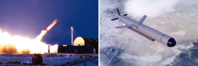 러시아군이 2017년 12월 핵추진 순항미사일 9M730 부레베스트니크를 시험발사하고 있다(왼쪽). 러시아의 핵추진 순항미사일 부레베스트니크가 비행하는 모습. [mil.ru, 러시아 1 방송]