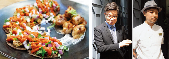 (왼쪽부터) 밀가루 없이 아몬드와 차전자피로 만든 토르티야를 사용한 타코. 이승훈 디라이프스타일키친 대표. 김민성 디라이프스타일키친 셰프.