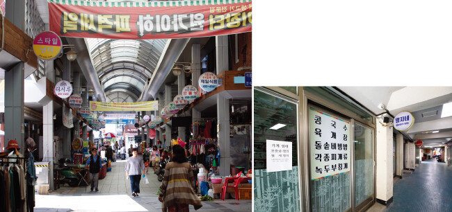 동송읍 전통시장(왼쪽)과 전통시장 곳곳에 새 임차인을 구하는 안내문이 붙어 있는 모습. [지호영 기자]