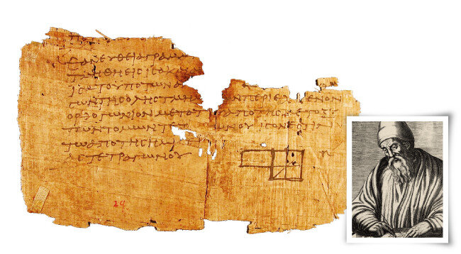 고대 그리스 수학자 유클리드(오른쪽)와 그가 집필한 ‘원론’의 가장 오래된 필사본. [미국 펜실베이니아대 박물관, 위키피디아]