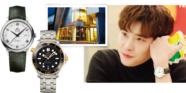 이종석의 시계 ‘씨마스터 아쿠아 테라 150M’과 오메가 부티크 외부 전경(왼쪽부터). [오메가 홈페이지, ‘로맨스는 별책부록’ 홈페이지]