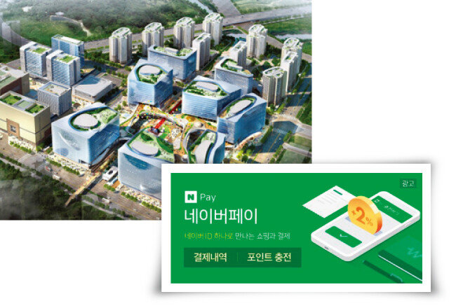 미래에셋자산운용이 1조8000억 원을 들여 
IT 플랫폼 기반 복합시설을 개발 중인 판교 알파돔시티 전경(위)과 11월 네이버에서 분사한 뒤 미래에셋대우로부터 5000억 원 이상 투자를 받는 네이버페이. [사진 제공 · 미래에셋금융그룹, 네이버페이 화면 캡처]