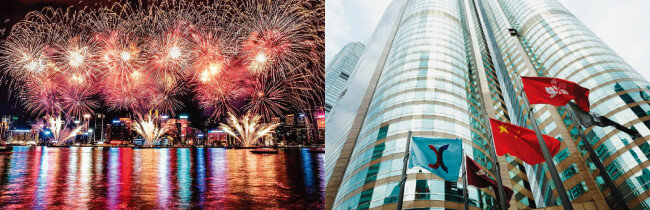 지난해 10월 1일 중국 국경절을 맞아 펼쳐진 홍콩 불꽃놀이(왼쪽). 홍콩증권거래소 모습. [HKFP,차이나데일리] 