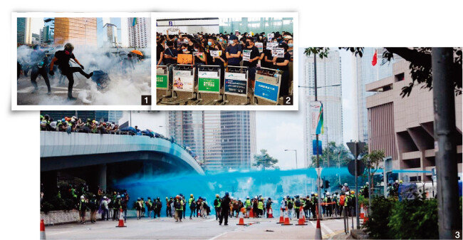 1 홍콩 시위대가 경찰이 쏜 최루탄을 발로 차고 있다. 2 홍콩 시위대가 첵랍콕국제공항에서 시위하고 있다. 3 홍콩 경찰이 정부청사 앞에서 파란색 염료가 든 물대포를 발사하고 있다. [HKFP]