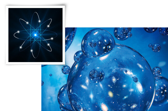 다중우주 이미지(위)와 러더퍼드의 원자모형. [GettyImages]