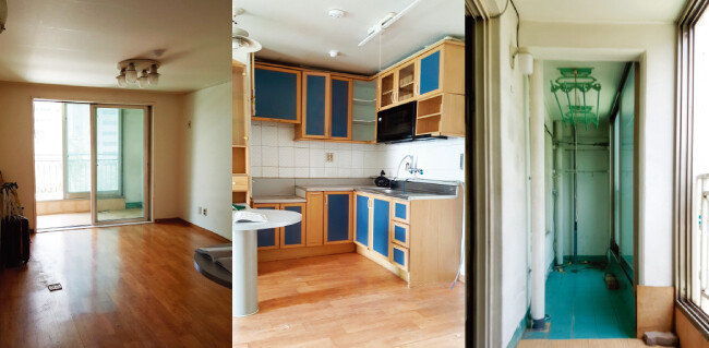 공사 전 거실, 주방, 베란다 모습(왼쪽부터). [사진 제공 · 남경엽]