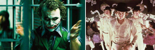 영화 ‘다크 나이트’(2008)의 조커(히스 레저 분·왼쪽), 영화 ‘시계태엽 오렌지’(1971)의 알렉스 드 라지(맬컴 맥다월 분). [사진 제공 · 워너 브라더스 코리아, IMdB]