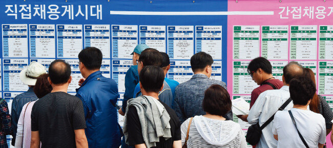 9월 24일 오후 경기 군포시 당정역 야외광장에서 열린 ‘2019 경기도 중장년 일자리 박람회’에서 구직자들이 채용 게시판을 살펴보고 있다. [뉴시스]