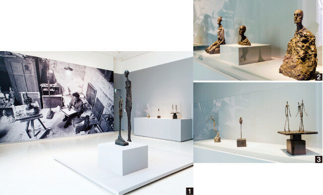 1 ‘에스파스 루이비통 서울’의 알베르토 자코메티 전시회 모습. 가운데 가장 큰 작품은 자코메티의 대표작이라 할 ‘키가 큰 여인Ⅱ’(1960). 2 자코메티가 말년인 1964~65년에 제작한 ‘남자 두상’ 시리즈. 3 왼쪽부터 ‘쓰러지는 남자’(1950), ‘장대 위의 두상’(1947), ‘걸어가는 세 남자’(1948). [홍태식]