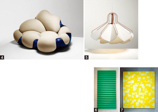 4 루이비통 오브제 노마드 컬렉션, 캄파나 형제, 봄보카 소파. 5 루이비통 오브제 노마드 컬렉션, 로 에지스, 콘서티나 조명. 6 마크 하겐, ‘컬러 테라피 Ⅲ’, 2017. 7 그레고어 힐데브란트, ‘네프라이트 핸들’, 2018. [사진 제공 · 루이비통 메종 서울, 홍태식]