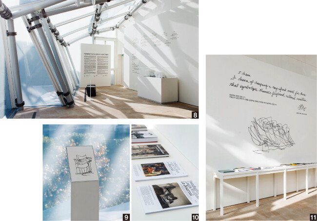 8 ‘루이비통 메종 서울’의 4층 베란다. 9 프랭크 게리가 ‘루이비통 메종 서울’을 설계하면서 그린 스케치. 10 루이비통재단 미술관의 다양한 활동을 보여주는 간행물. 11 프랭크 게리가 루이비통재단 미술관을 설계하면서 그린 스케치와 발언이 4층 베란다 한쪽 벽면에 전시돼 있다. [홍태식]