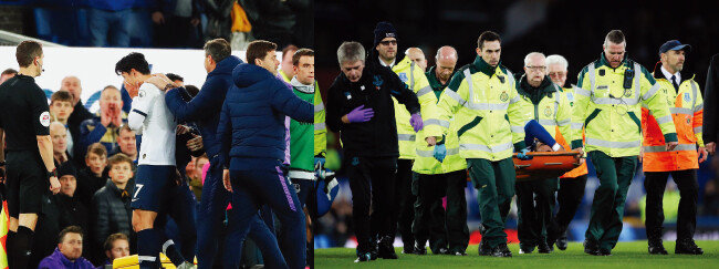 자신의 태클로 큰 부상을 입은 고메스를 보며 충격에 빠진 손흥민(왼쪽)과 들것에 실려 나가는 고메스. [뉴시스]