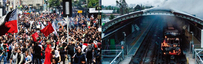 칠레 산티아고 시민들이 지하철 요금 인상에 반대하며 시위하고 있다(왼쪽). 산티아고 한 지하철역에서 불에 타고 있는 전동차. [prensenza, Periodico El Progreso]