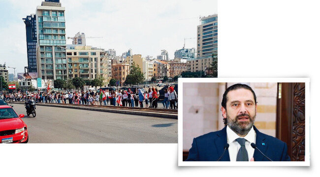 레바논 국민이 수도 베이루트에서 인간띠 잇기 시위를 벌이고 있다(왼쪽). 10월 29일 사드 하리리 레바논 총리가 반정부 시위에 굴복해 사퇴를 발표하고 있다. [위키피디아, Anadolu]