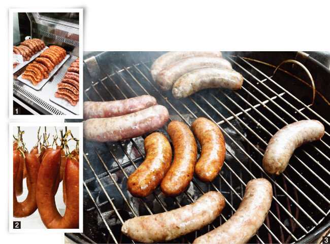 1 서울 한남동 ‘미트로칼’의 생소시지. 2 씹는 맛이 좋은 훈제소시지. 3 통째로 구워 먹어야 맛있는 생소시지. [사진 제공·미트로칼]