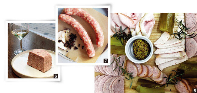 6 부드럽고 구수한 
맛이 좋은 파테. 7 겨울에만 잠깐 맛볼 수 있는 버섯소시지. 8 돼지 뒷다리살 햄, 모르타델라, 브레드미트, 훈제소시지로 차린 보드. [사진 제공·미트로칼]