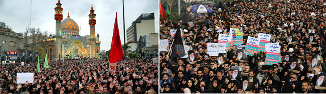 이란 국민들이 수도 테헤란에서 솔레이마니 사령관을 애도하고 있다(왼쪽). 이란 국민들이 수도 테헤란에서 미국에 대한 보복 공격을 요구하며 시위하고 있다. [ISNA, Anadolu]