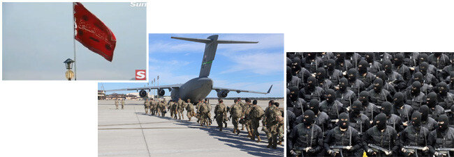 (왼쪽부터)이란 시아파 성지 콤시의 잠카런 모스크에 보복을 상징하는 붉은 깃발이 걸려 있다. 미육군 제82공수사단의 신속 대응부대가 이라크 행 수송기에 탑승하고 있다. 이란 혁명수비대의 해외공작을 담당하는 알 쿠드스 대원들. [사진출처=이란 국영방송, US Army, iranbriefing. net]