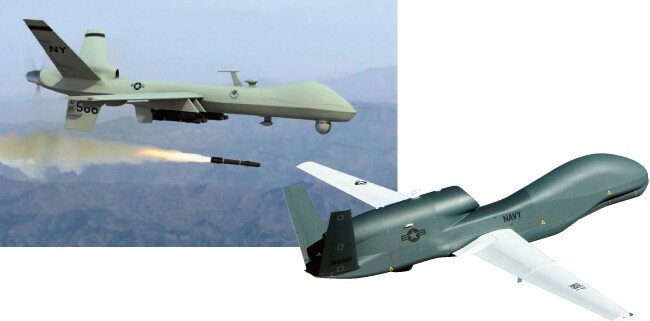 프레데터C(어벤저) 스텔스 무인기(왼쪽). 미국은 군사위성 정보와 글로벌호크 같은 무인정찰기 등 다양한 정찰자산으로 김정은 북한 국무위원장의 동선을 파악할 수 있다. 사진은 고고도무인정찰기인 글로벌호크. [동아DB]