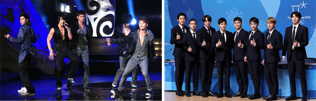 데뷔 시절 5인조의 동방신기(왼쪽).
2018년 평창동계올림픽 폐회식에 참석한 엑소.[뉴시스, 동아일보] 