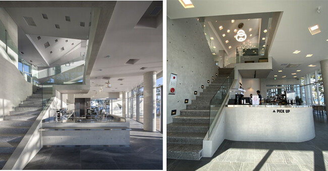 웨이브온 1층 홀 및 바테이블(왼쪽). ㅇ커피 1층 홀 및 바테이블. [사진제공=이뎀건축사사무소]