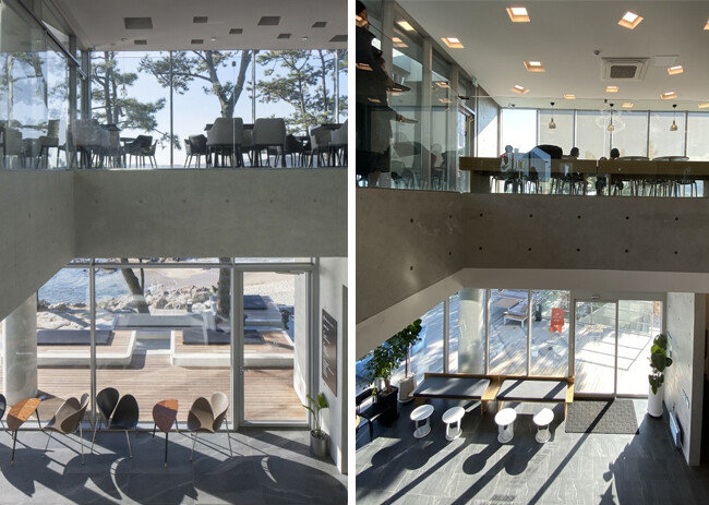 웨이브온 2층 내부공간(왼쪽). ㅇ커피 2층 내부공간. [사진제공=이뎀건축사사무소]