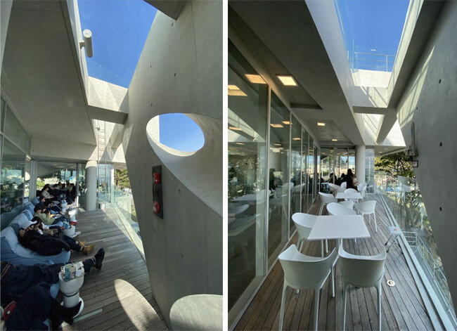 웨이브온 2층 발코니(왼쪽). ㅇ커피 2층 발코니. [사진제공=이뎀건축사사무소]