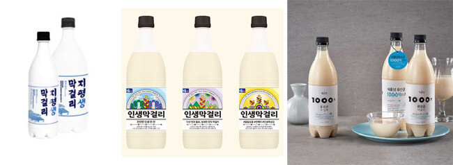 다양한 막걸리 제품들. 지평막걸리, 국순당 유산균 막걸리, 서울탁주 인생막걸리(왼쪽부터). [사진 제공·각 업체]