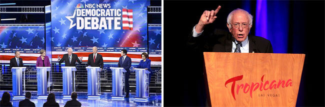 미국 민주당의 대선 경선주자들이 2월 21일 TV 토론회를 하고 있다(왼쪽). 버니 샌더스 상원의원이 네바다주 라스베이거스에서 지지자들에게 연설하고 있다. [NBC, flickrs]