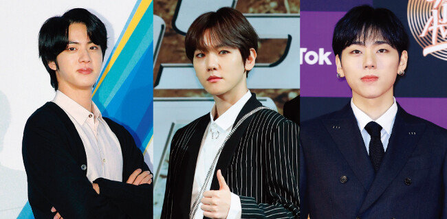 연내 입대가 유력한 1992년생 아이돌 가수들. 방탄소년단 진, EXO 백현, 블락비 출신의 지코(왼쪽부터). [뉴스1]