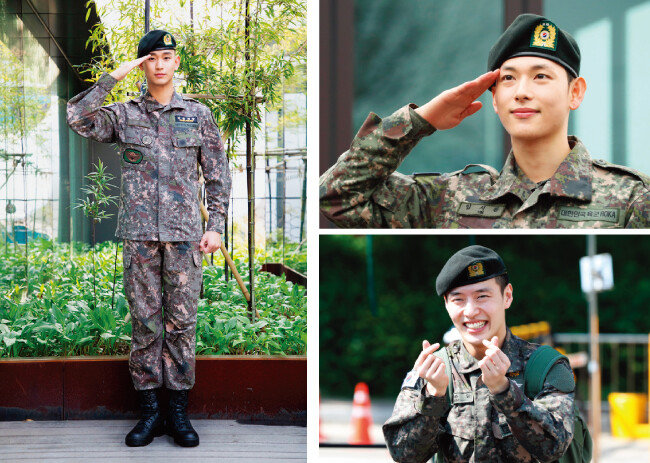 지난해 군복무를 마치고 전역한 배우 김수현, 임시완, 강하늘(왼쪽부터 시계 방향으로). [키이스트, 뉴스1]