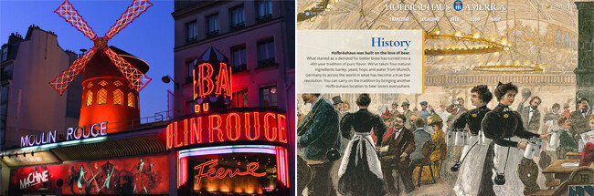 프랑스 파리의 카바레 물랭루주(왼쪽)와 독일 뮌헨의 호프브로이하우스. [Moulin Rouge, Hofbrauhaus America]